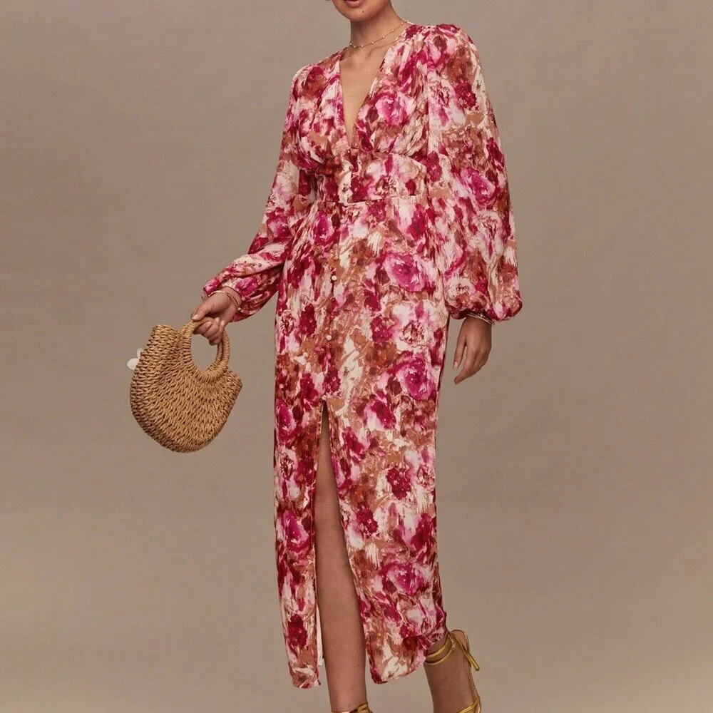 Hot Pink Boho Romantic Jacquard Women's Maxi Dress